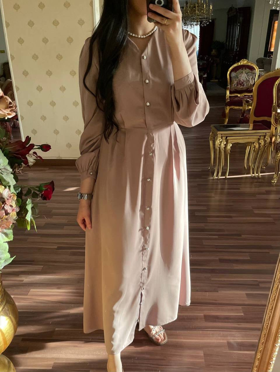 Beige crepe dress with belt