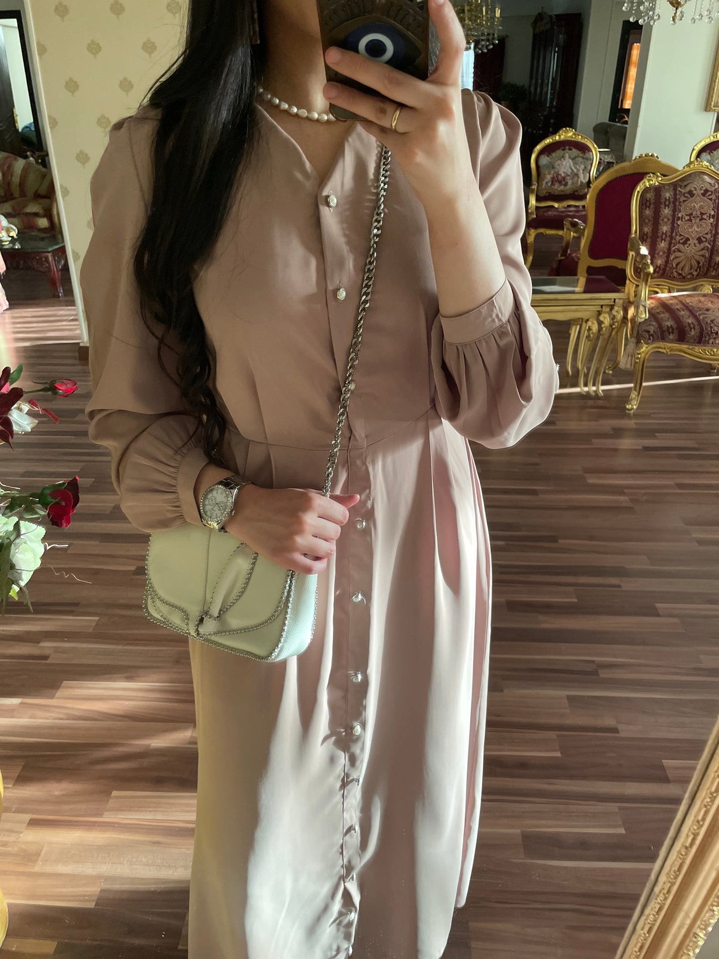 Beige crepe dress with belt