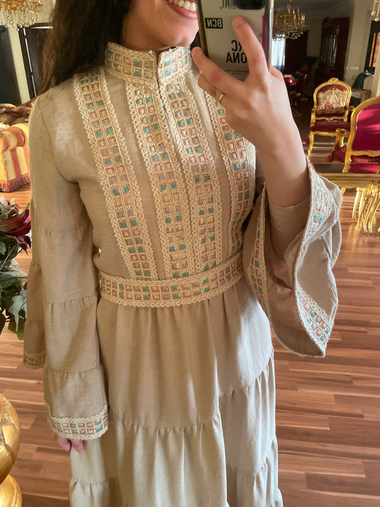 High neck dress kaftan in beige