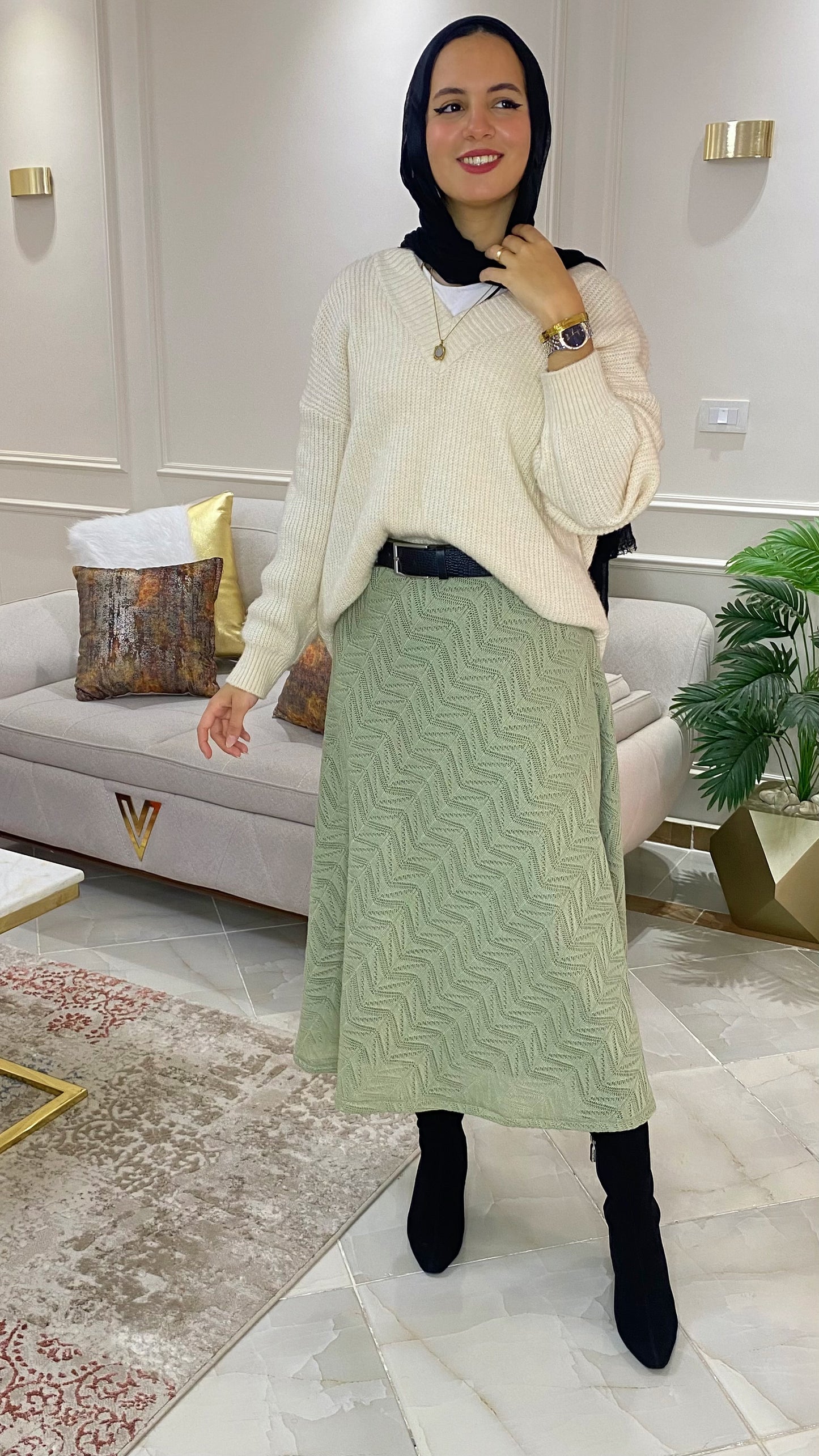 Statement lined matcha knit skirt