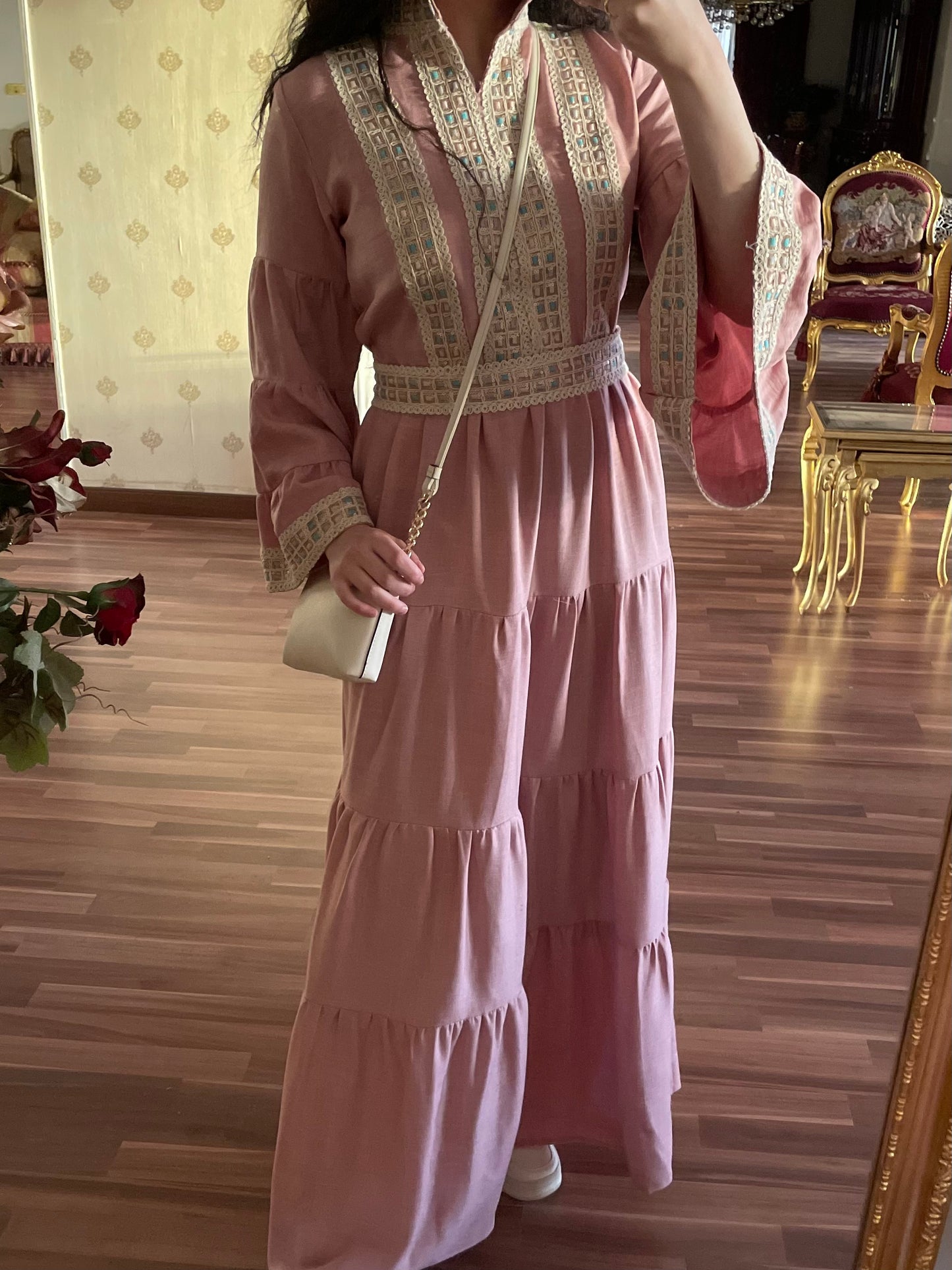 High neck dress kaftan in pink