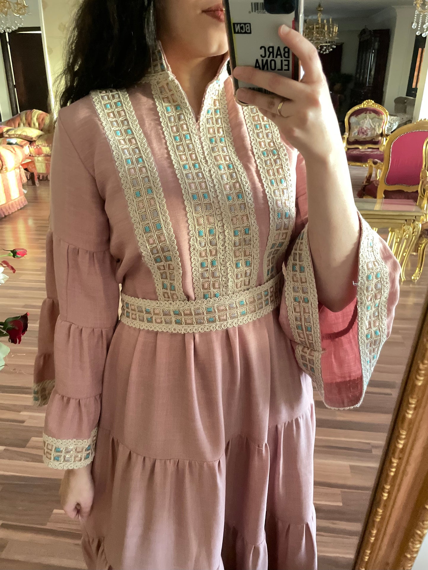 High neck dress kaftan in pink